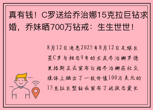 真有钱！C罗送给乔治娜15克拉巨钻求婚，乔妹晒700万钻戒：生生世世！